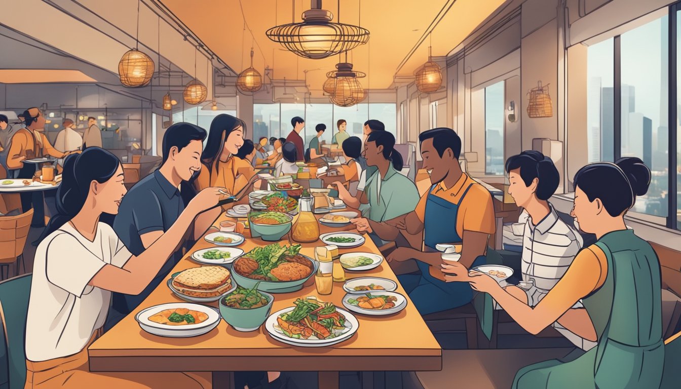 A table set with various cuisines from different restaurants, surrounded by happy diners redeeming their DBS Rewards Tiers at a bustling dining event in Singapore