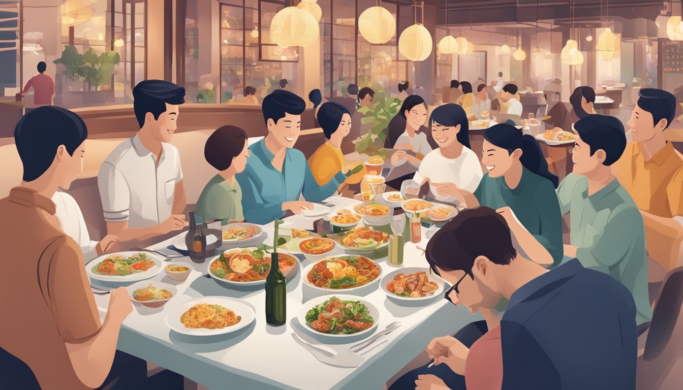 A table set with a variety of delicious dishes and drinks, surrounded by happy diners redeeming their DBS dining rewards in a bustling Singapore restaurant