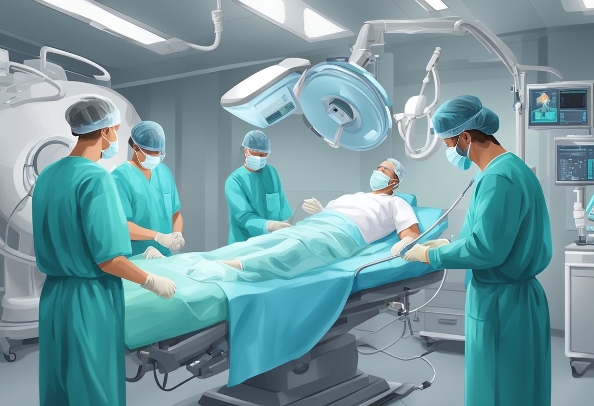 A man undergoing a surgical procedure for incontinence, with medical equipment and professionals in an operating room