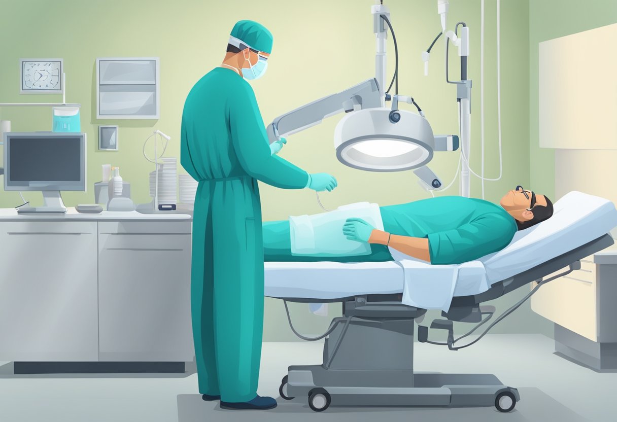 A surgeon performs a diagnosis and operation for male incontinence