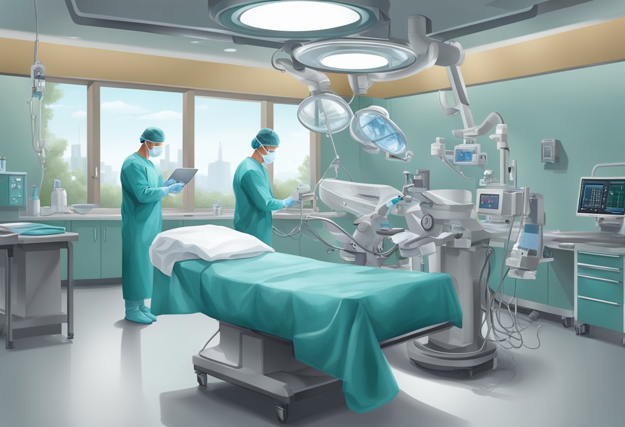 A surgeon performing a delicate operation in a sterile operating room, surrounded by medical equipment and focused on addressing male incontinence