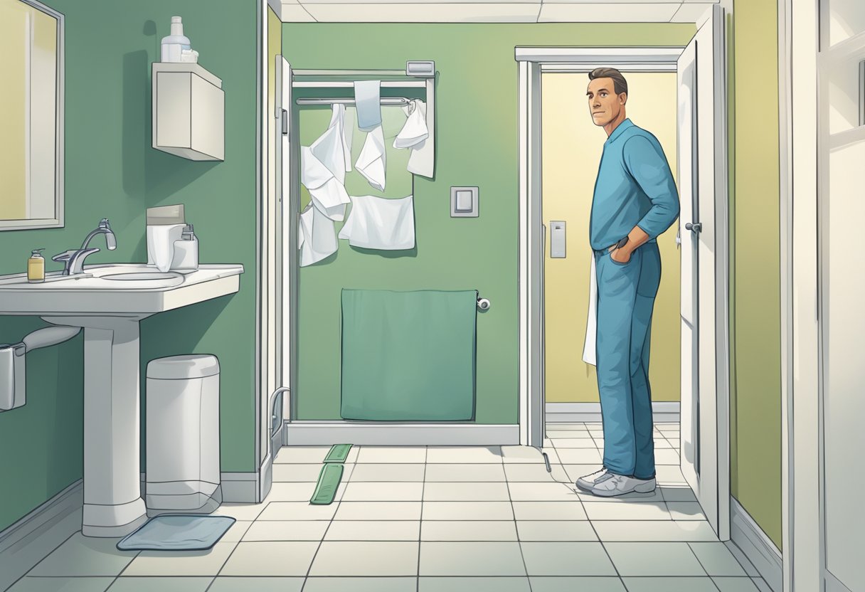 A man post-surgery managing incontinence, with a stack of absorbent pads, a bathroom with open door, and a look of determination on his face