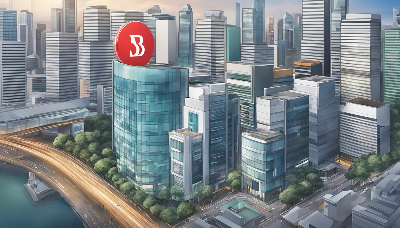 A modern bank building with the DBS logo prominently displayed, surrounded by a bustling cityscape in Singapore