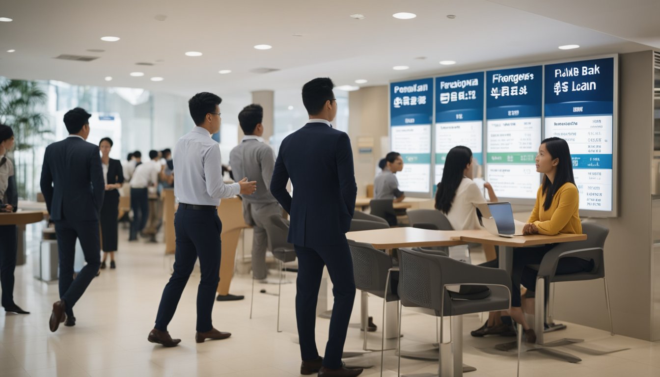 A diverse group of people considering loan options in a Singaporean bank. A sign displays "Personal Loan for Foreigners and PRs." Tables and chairs fill the room, and a bank employee assists a customer