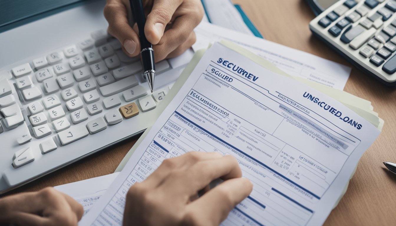A person sitting at a desk, comparing documents labeled "secured" and "unsecured" loans. A calculator and pen are nearby. The person looks thoughtful, weighing the pros and cons