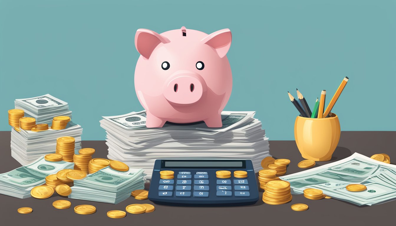 A piggy bank overflowing with coins and bills, surrounded by a calculator and a stack of financial documents