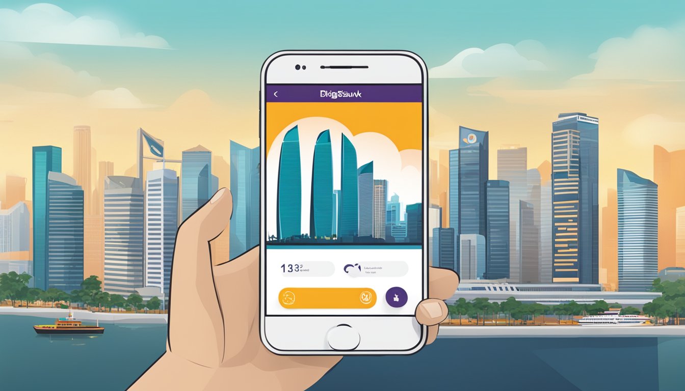 A modern smartphone with the Digibank DBS app open, displaying the emysavings account interface, set against the backdrop of the Singapore skyline
