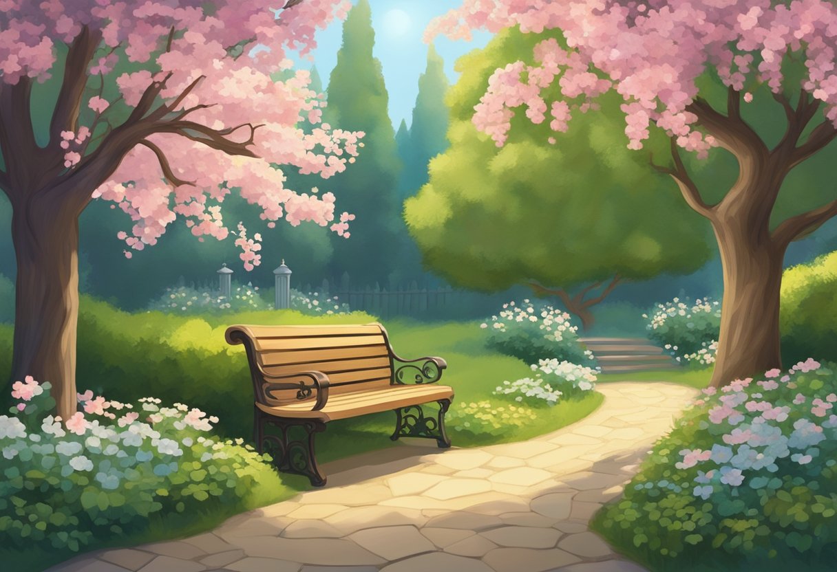 A serene garden with blooming flowers, a winding path, and a bench under a shady tree