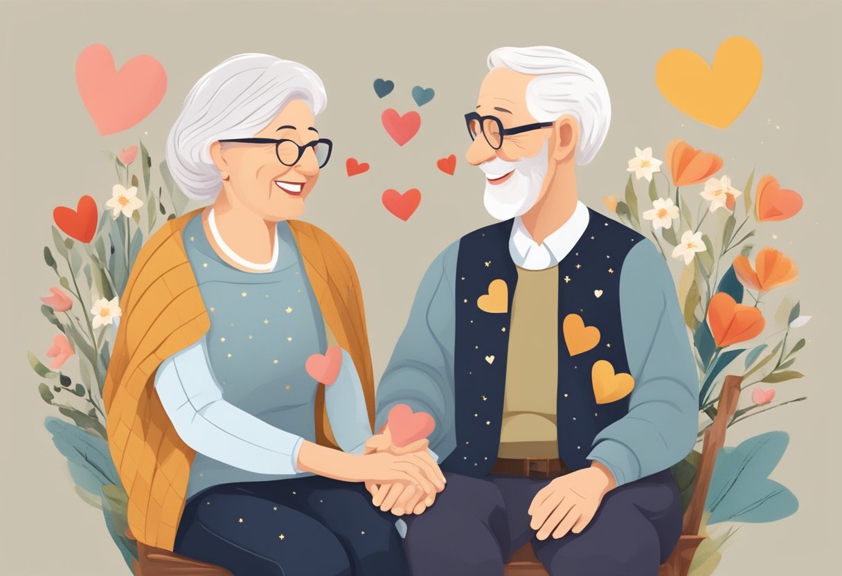 An elderly couple sitting close, smiling and holding hands, surrounded by symbols of love and intimacy