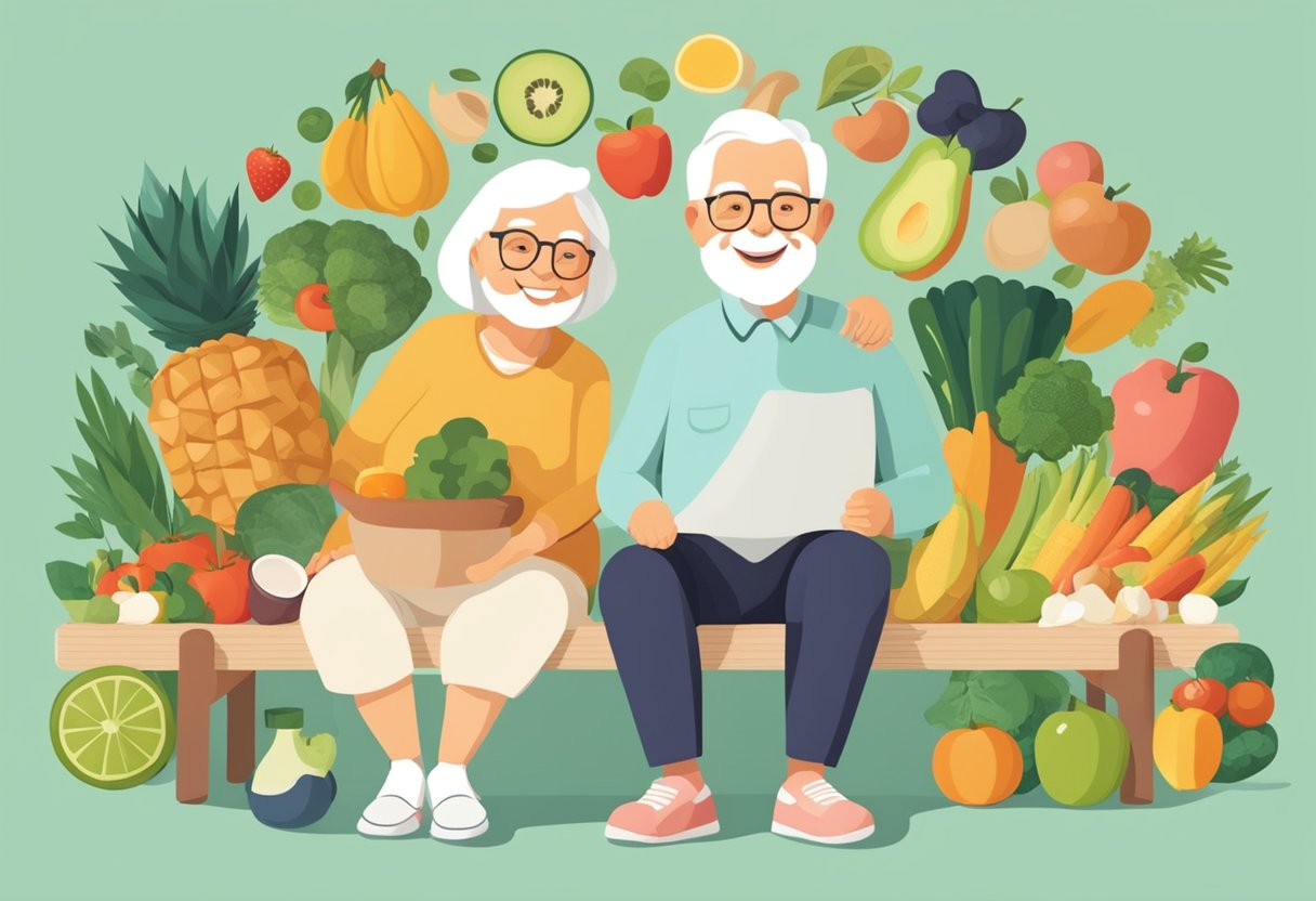 Elderly couple sitting together, smiling and holding hands, surrounded by healthy foods and exercise equipment