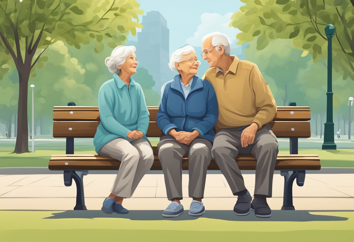 Elderly couple sitting on a park bench, holding hands, with a serene expression on their faces, gazing into each other's eyes