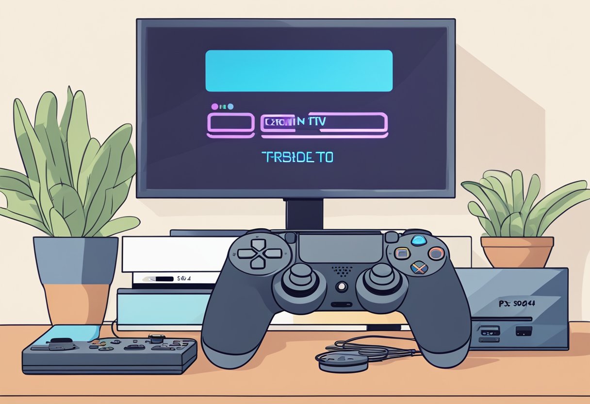 A PS4 console displaying error code WS-44949-0 with a controller nearby and a TV screen showing troubleshooting steps