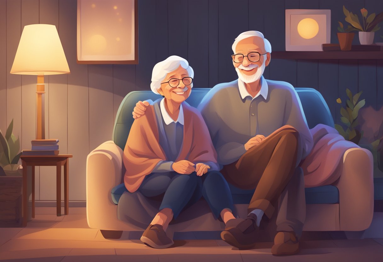 An elderly couple sitting close, smiling and holding hands, surrounded by cozy blankets and dim lighting