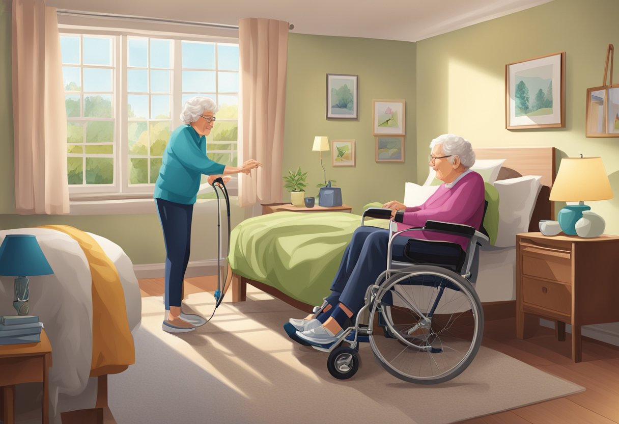 Elderly couple using assistive devices in a bedroom setting