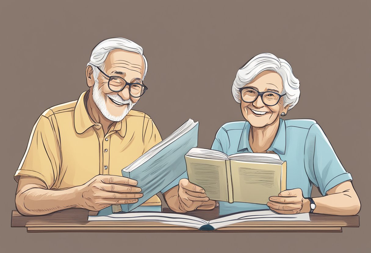 Elderly couple sitting at a table, smiling and holding hands, with a book titled "Sexual Education: Sex after 70" open in front of them