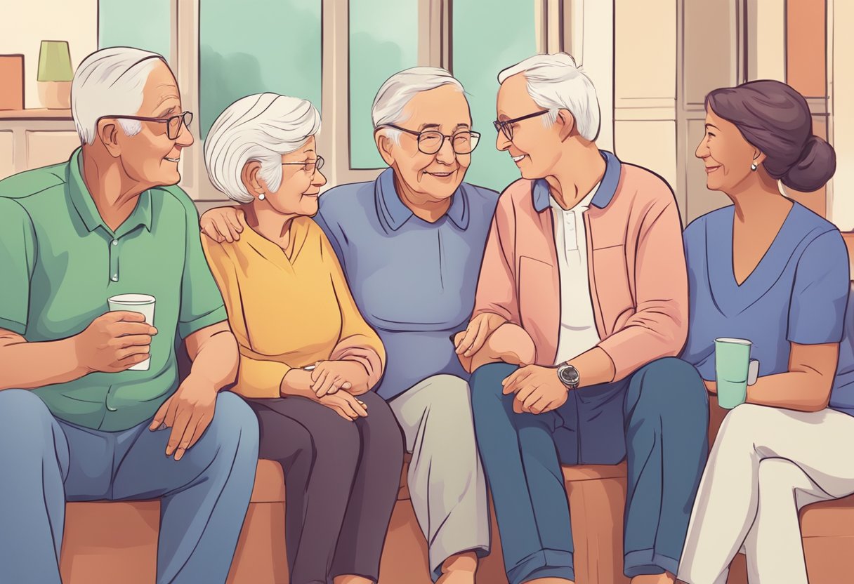 Elderly couple surrounded by community support and family, engaging in intimate conversation about sexual health and relationships