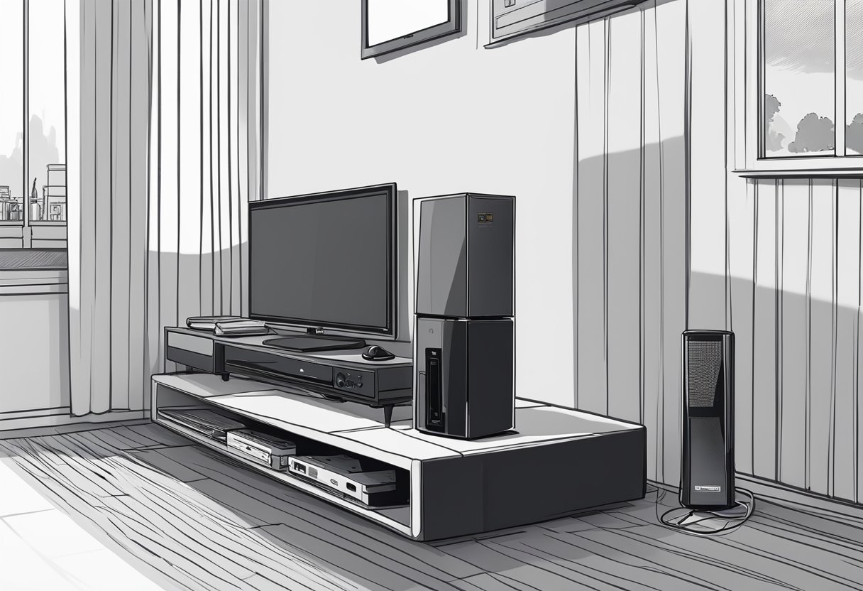 A PS4 console sits dark and unresponsive on a TV stand, with no lights or sounds indicating power. The controller lies nearby, untouched