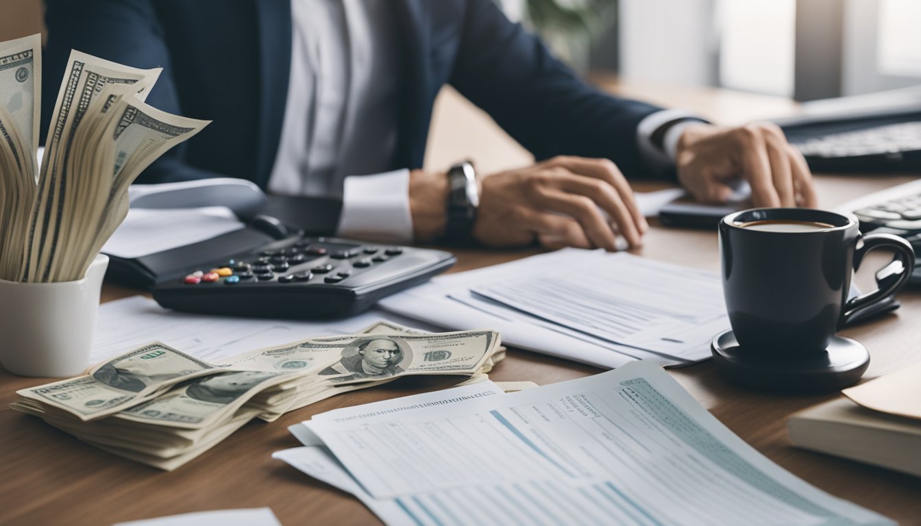 A person sitting at a desk, surrounded by bills and financial documents. They are contemplating their options and considering taking out a personal loan in Singapore