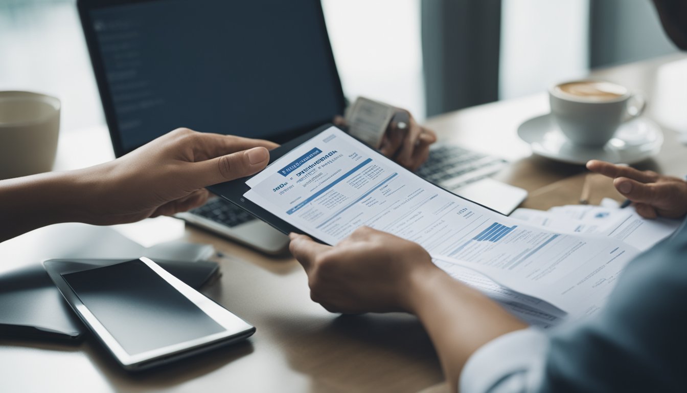 A person in Singapore researching personal loans, with a laptop and financial documents. They are contemplating the right time to take out a loan