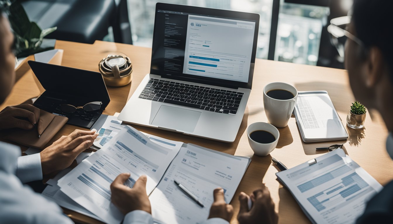 A person sitting at a desk, surrounded by financial documents and a laptop, contemplating whether to take a personal loan in Singapore