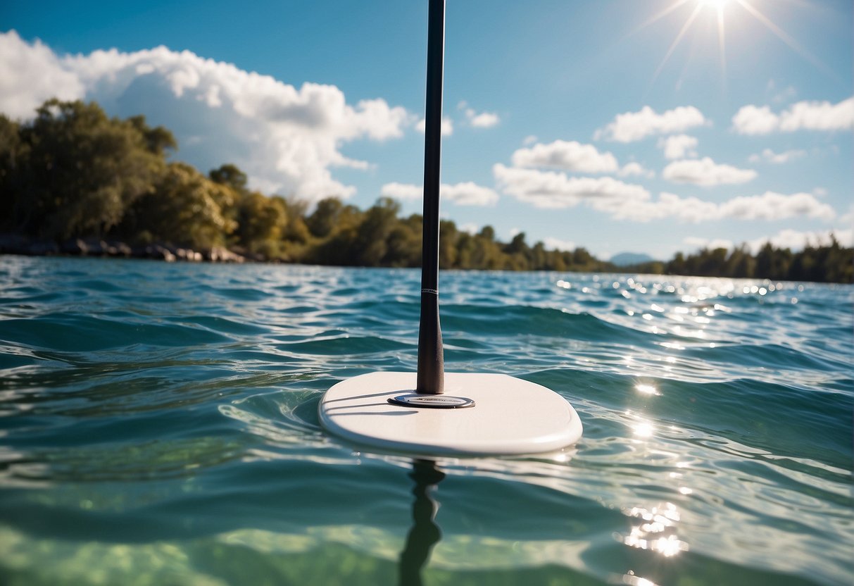 A wavestorm paddle board glides across calm, crystal-clear water under a bright, blue sky with a few fluffy white clouds