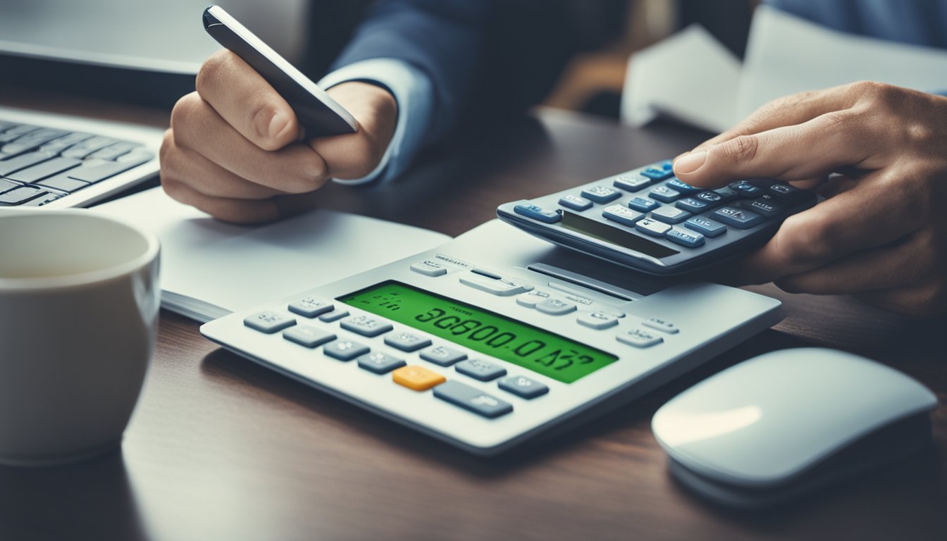 A person researching personal loan options in Singapore, comparing rates and terms, with a calculator and financial documents spread out on a desk