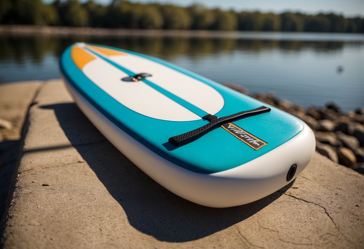 The Wavestorm paddle board features a durable foam construction with a textured surface for grip. The design includes a sleek, streamlined shape with a pointed nose and a fin for stability