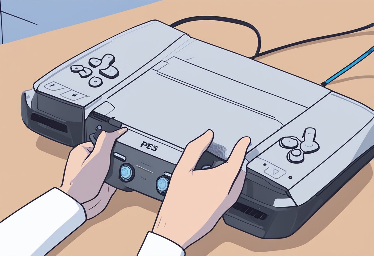 A PS5 console with error code CE-100002-3 displayed on the screen, with a person fixing it using a controller