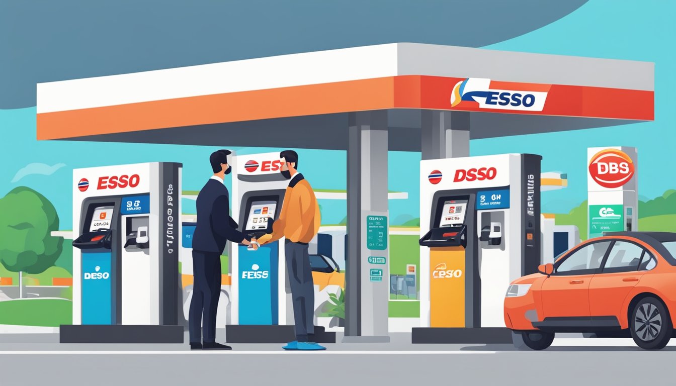 A customer swiping a DBS Esso card at a gas station, with clear signage displaying fees and charges