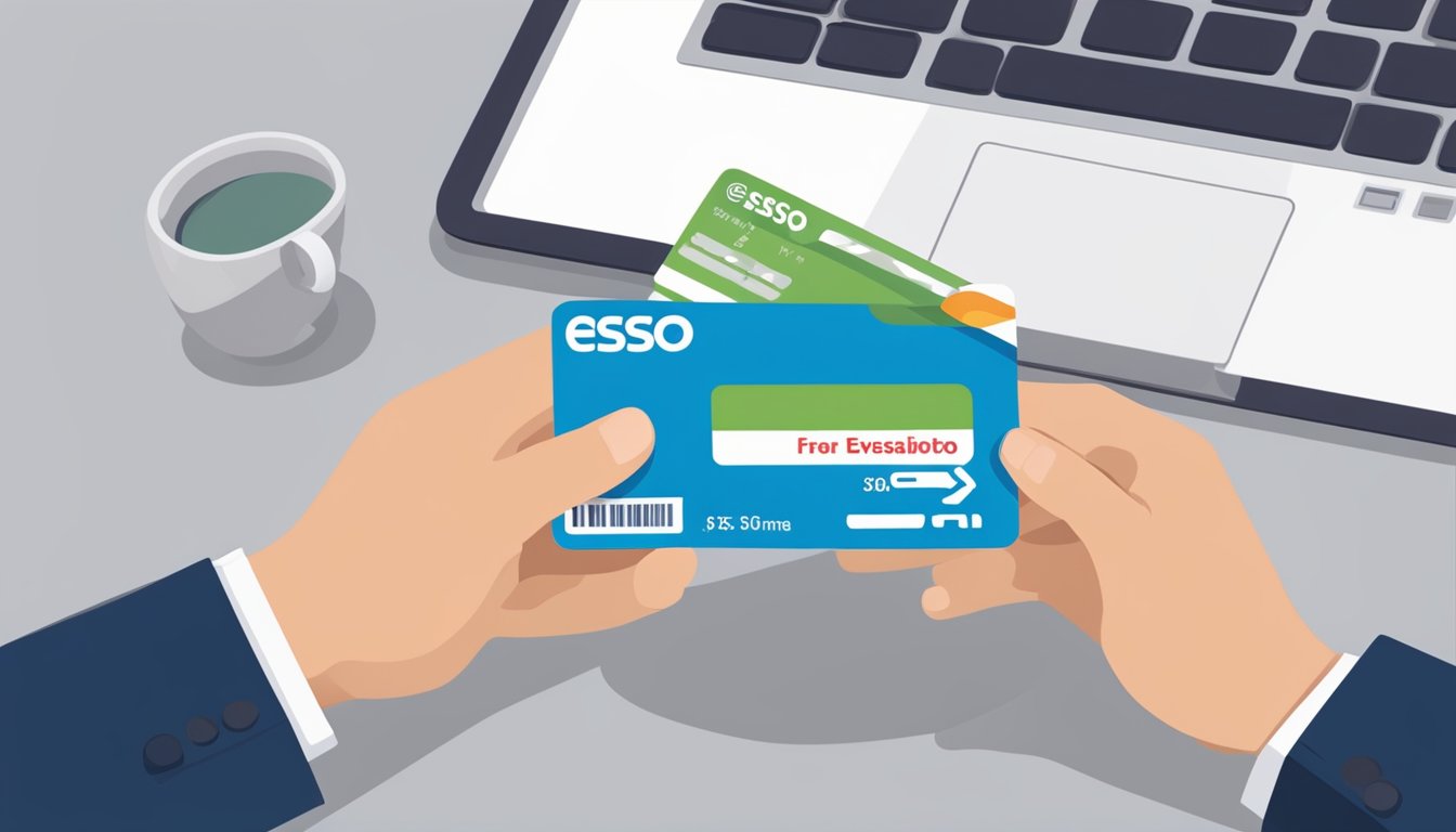 A hand holding an Esso card, with a laptop showing eligibility and application details in the background