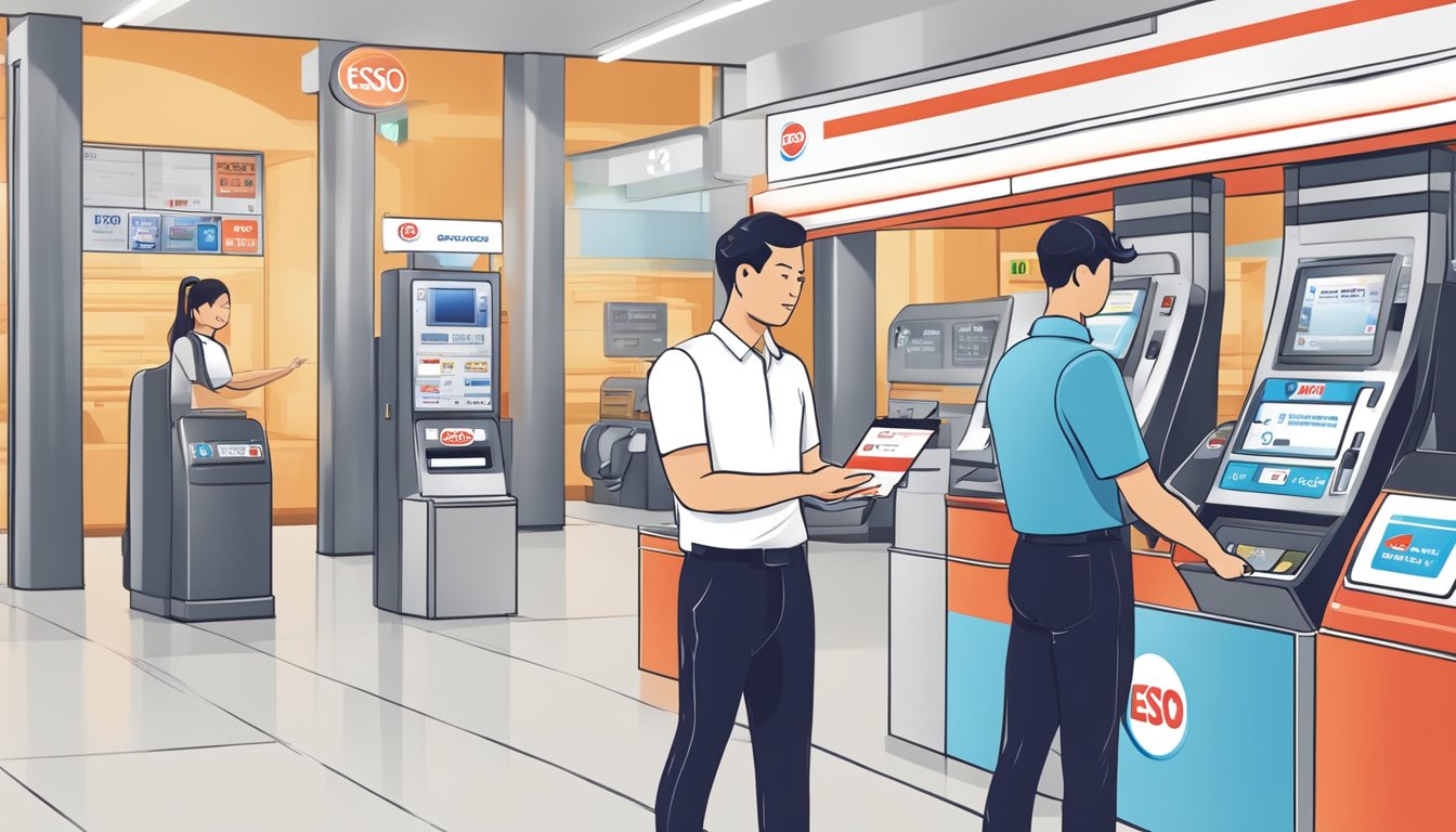 A customer swiping an Esso card at a DBS station in Singapore, with a stack of frequently asked questions nearby