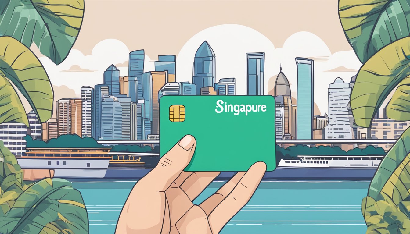 A hand holding a DBS Everyday Card, with iconic Singapore landmarks in the background