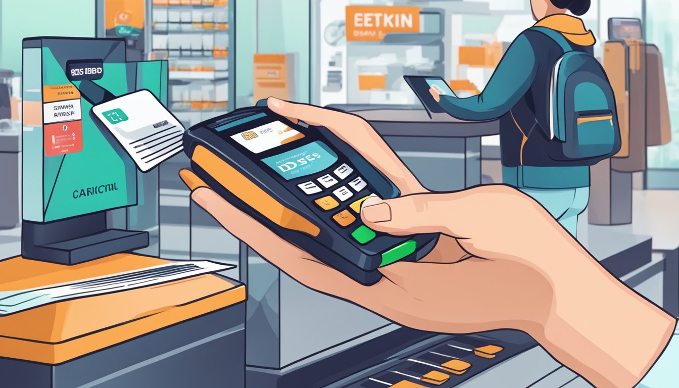 A hand holding a dbs everyday card while swiping it at a payment terminal, with various benefits and rewards displayed around the card