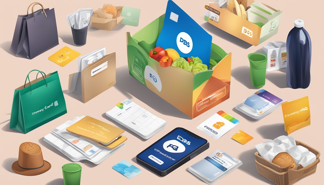 A stack of FAQ cards with the DBS Everyday Card logo, surrounded by a variety of everyday items like groceries, transport cards, and shopping bags