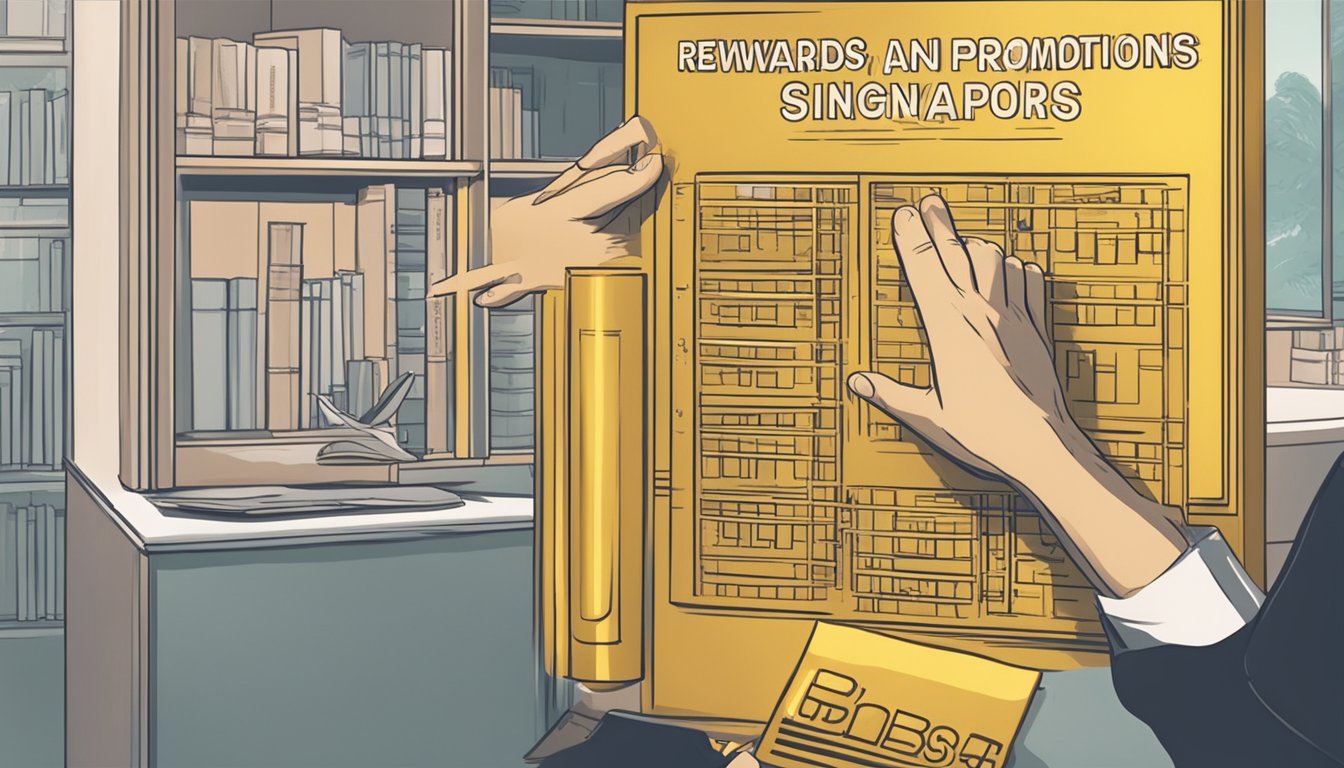 A hand reaches for a golden lever with the words "Rewards and Promotions" on it, while a sign in the background reads "dbs fee waiver request singapore."