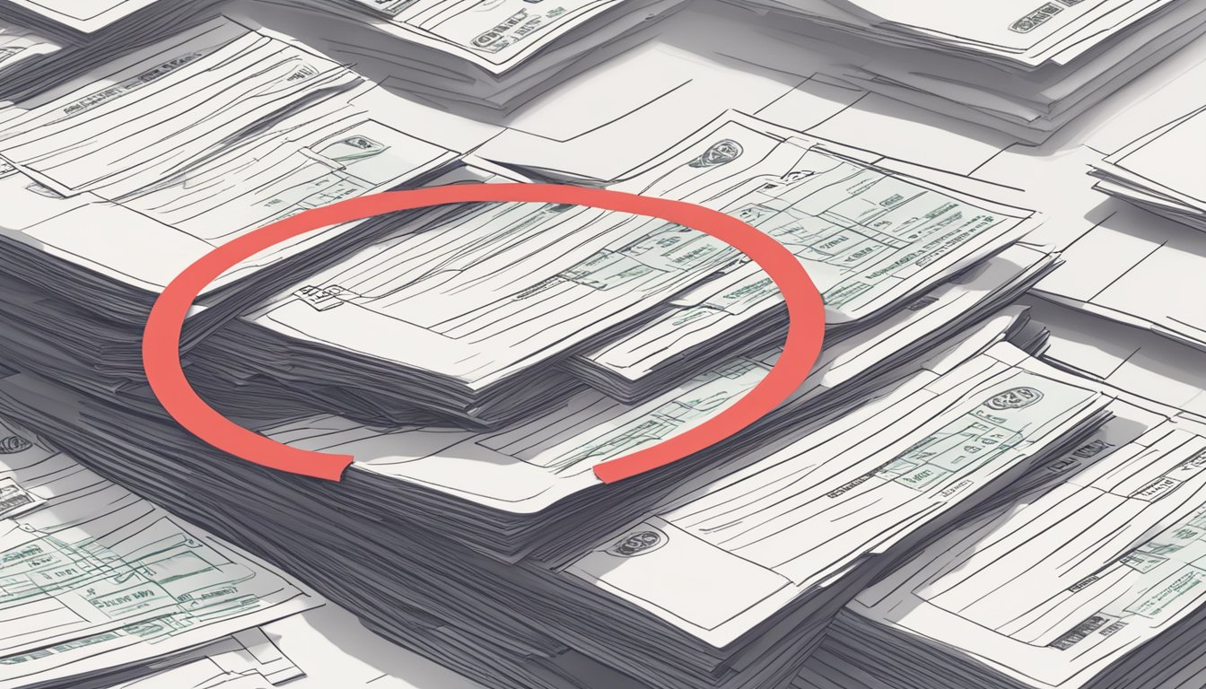A stack of bills with "DBS Finance Charges" printed on them, surrounded by a red circle with a line through it, indicating a waiver