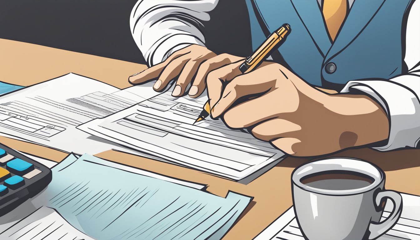A person filling out a form, with a pen in hand, requesting a fee waiver from a financial institution