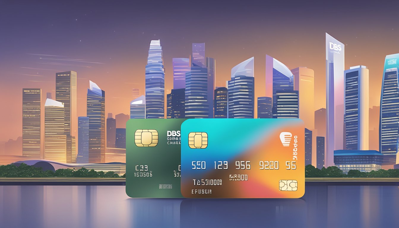 A stack of DBS credit cards with a "Finance Charges Waiver" label, against a backdrop of the Singapore skyline