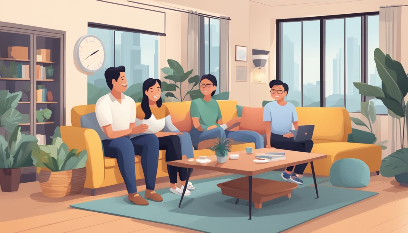 A cozy living room with a family sitting around a table, discussing their fixed rate home loan options in Singapore. The room is filled with warm, natural light, and the family members are engaged in conversation