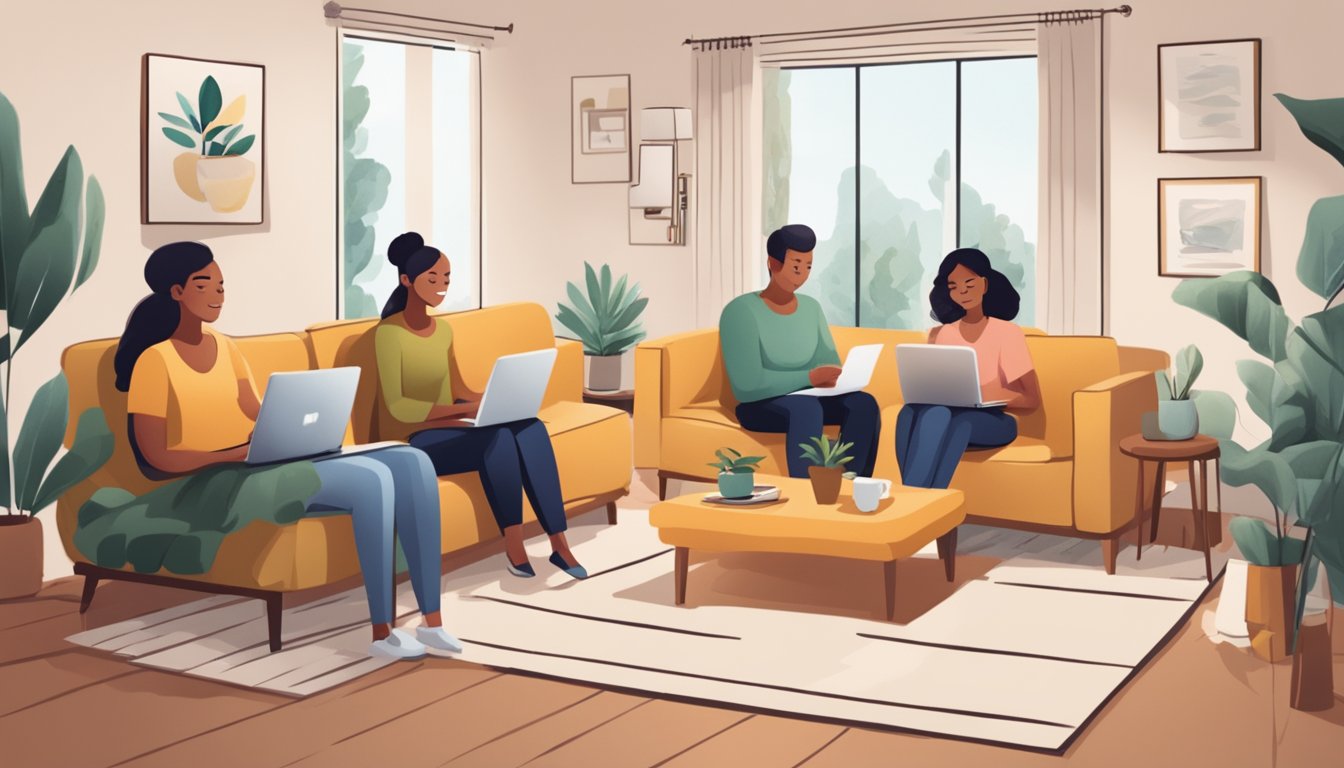 A cozy living room with a family sitting on a comfortable sofa, discussing home loan packages from DBS. A brochure and laptop are on the coffee table