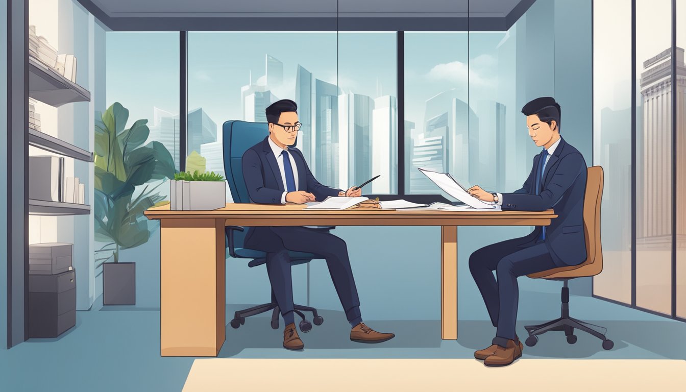 A foreigner sits at a desk, signing loan documents. A Singaporean bank representative assists, explaining terms and conditions. The office is modern and professional