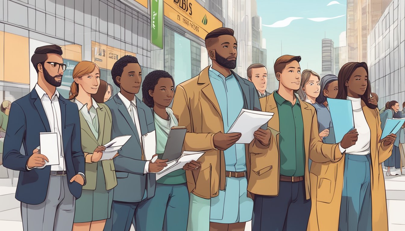 A diverse group of people from different countries holding passports and financial documents, standing in line outside a bank with a sign that reads "DBS Foreigner Loans."