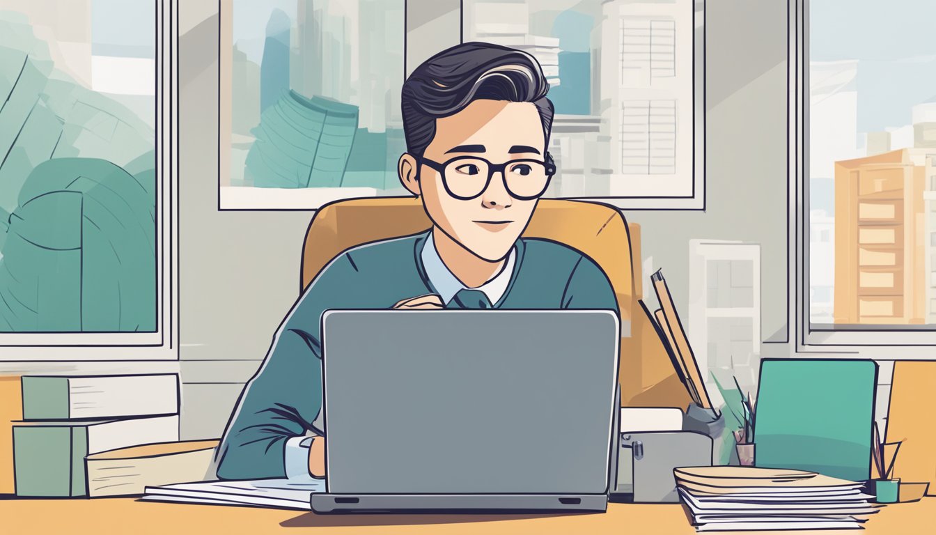 A foreigner sits at a desk, reviewing DBS loan offers. A laptop and paperwork are spread out in front of them, as they consider their options