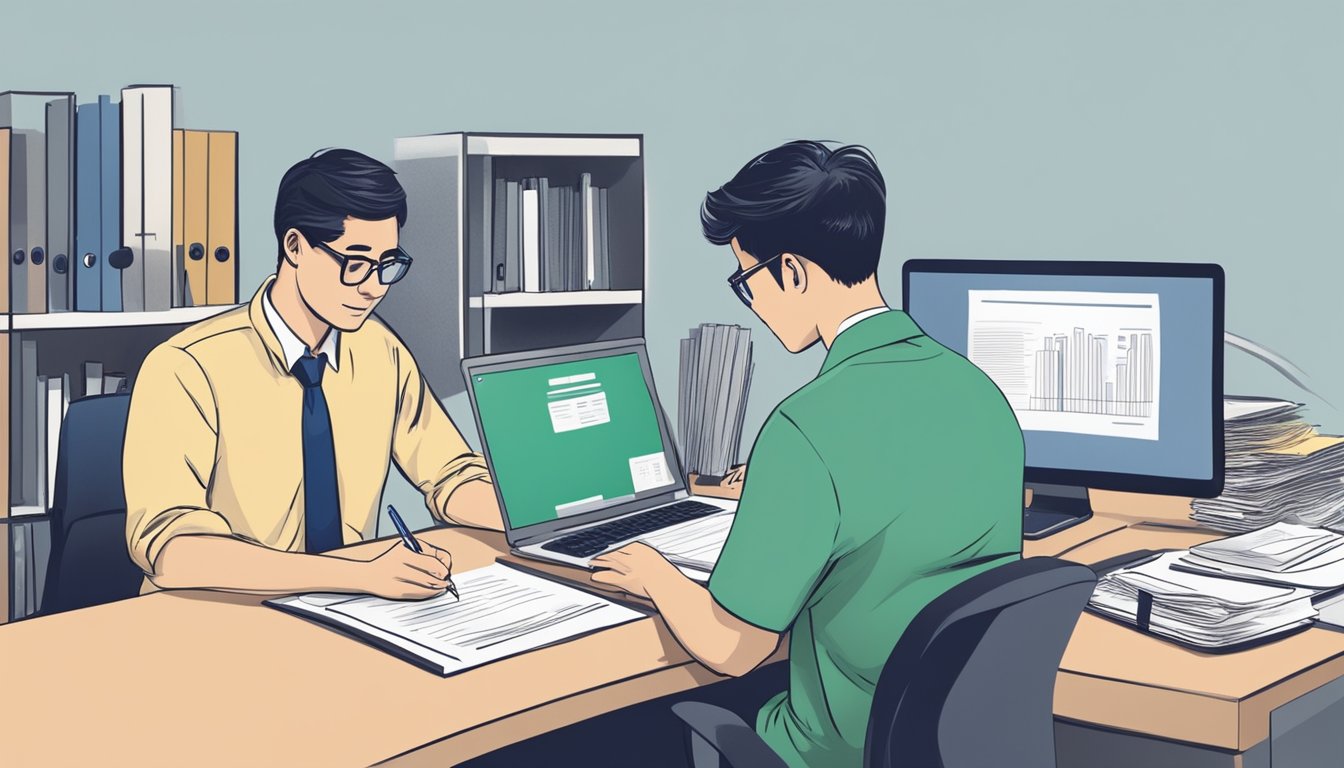A foreigner in Singapore fills out loan application forms at a desk with a laptop and documents, while a bank representative assists