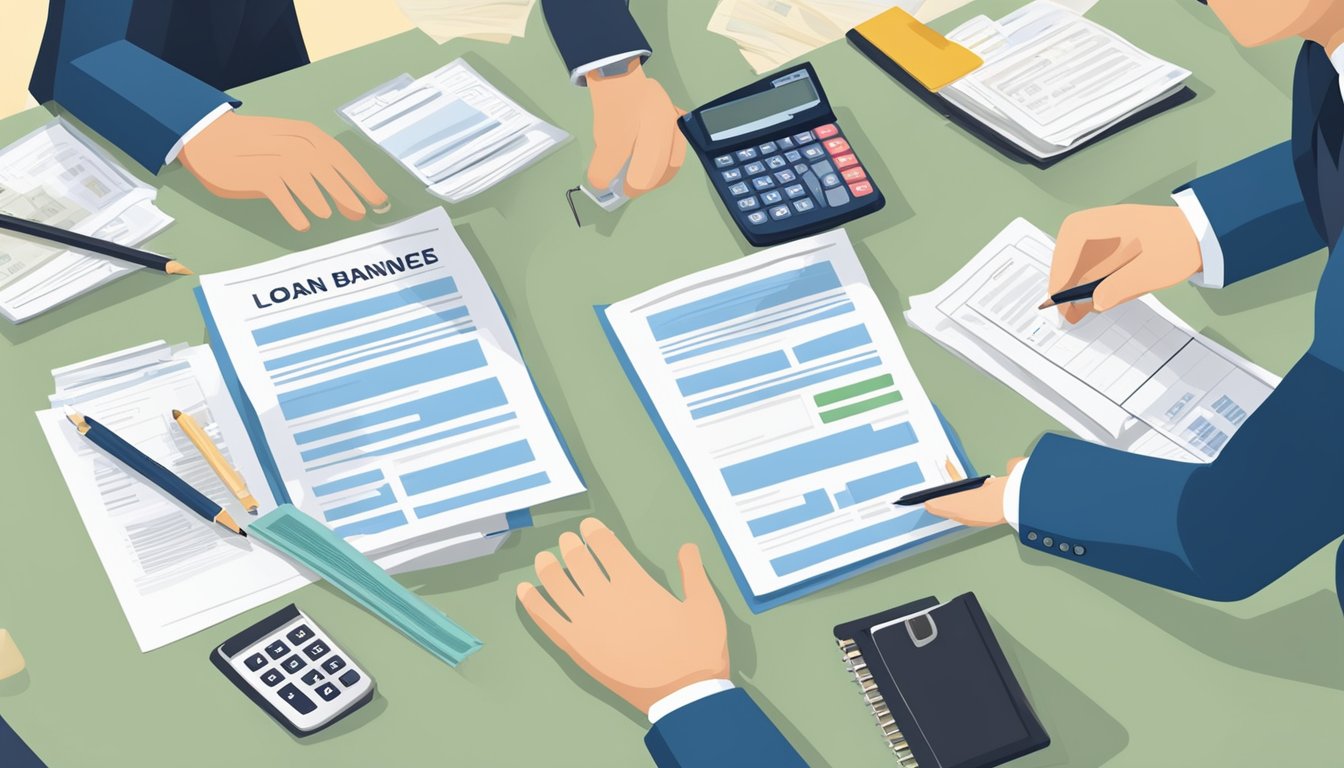 A person signing a loan agreement with a bank representative, surrounded by financial documents and a calculator