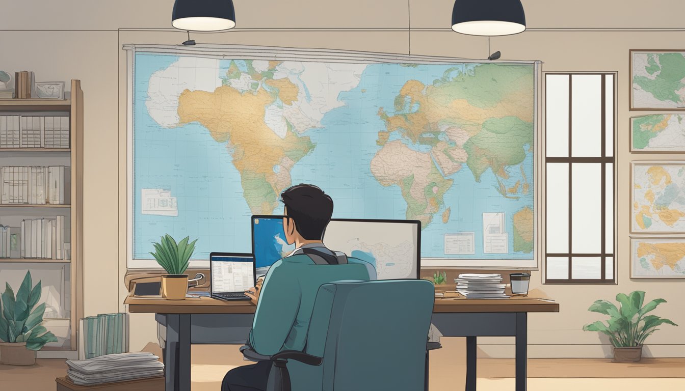 A foreigner sits at a desk, comparing loan options on a laptop. A map of Singapore hangs on the wall behind them