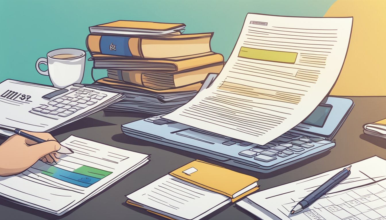 A stack of papers with "Frequently Asked Questions dbs foreigner loan singapore" printed on top, surrounded by a laptop, pen, and calculator