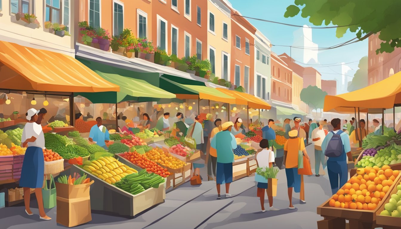 A bustling street market with colorful fruits, vegetables, and flowers on display, with vendors and shoppers interacting in the lively atmosphere