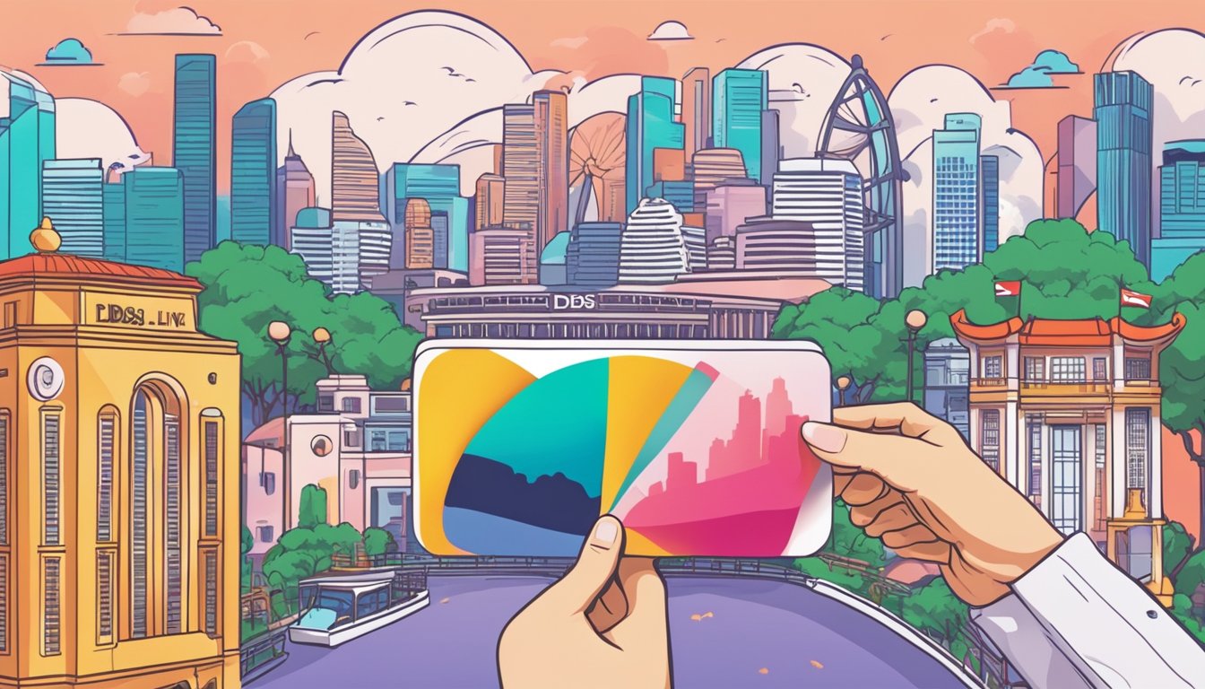 A hand holding a DBS Live Fresh card with iconic Singapore landmarks in the background. The card is surrounded by vibrant colors and fresh, lively elements