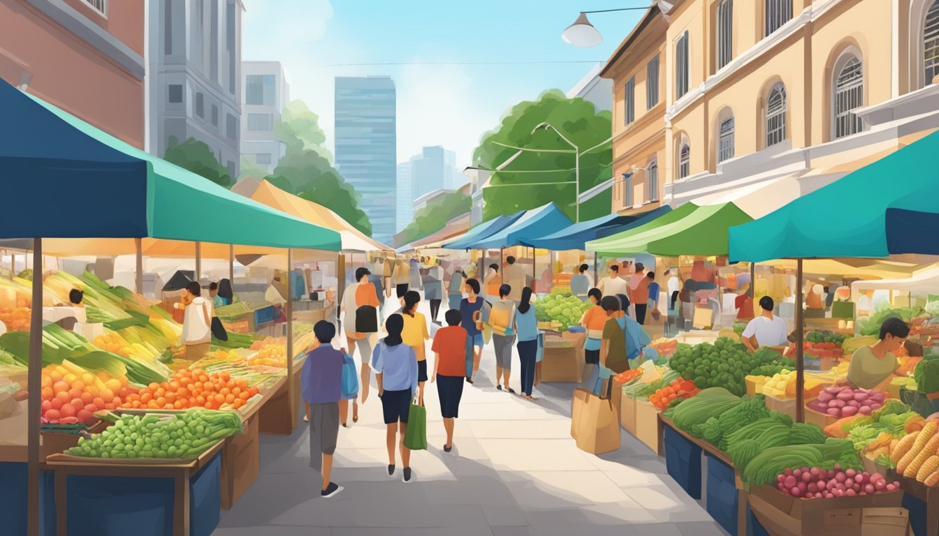 A bustling outdoor market with colorful stalls and shoppers browsing fresh produce and goods in Singapore